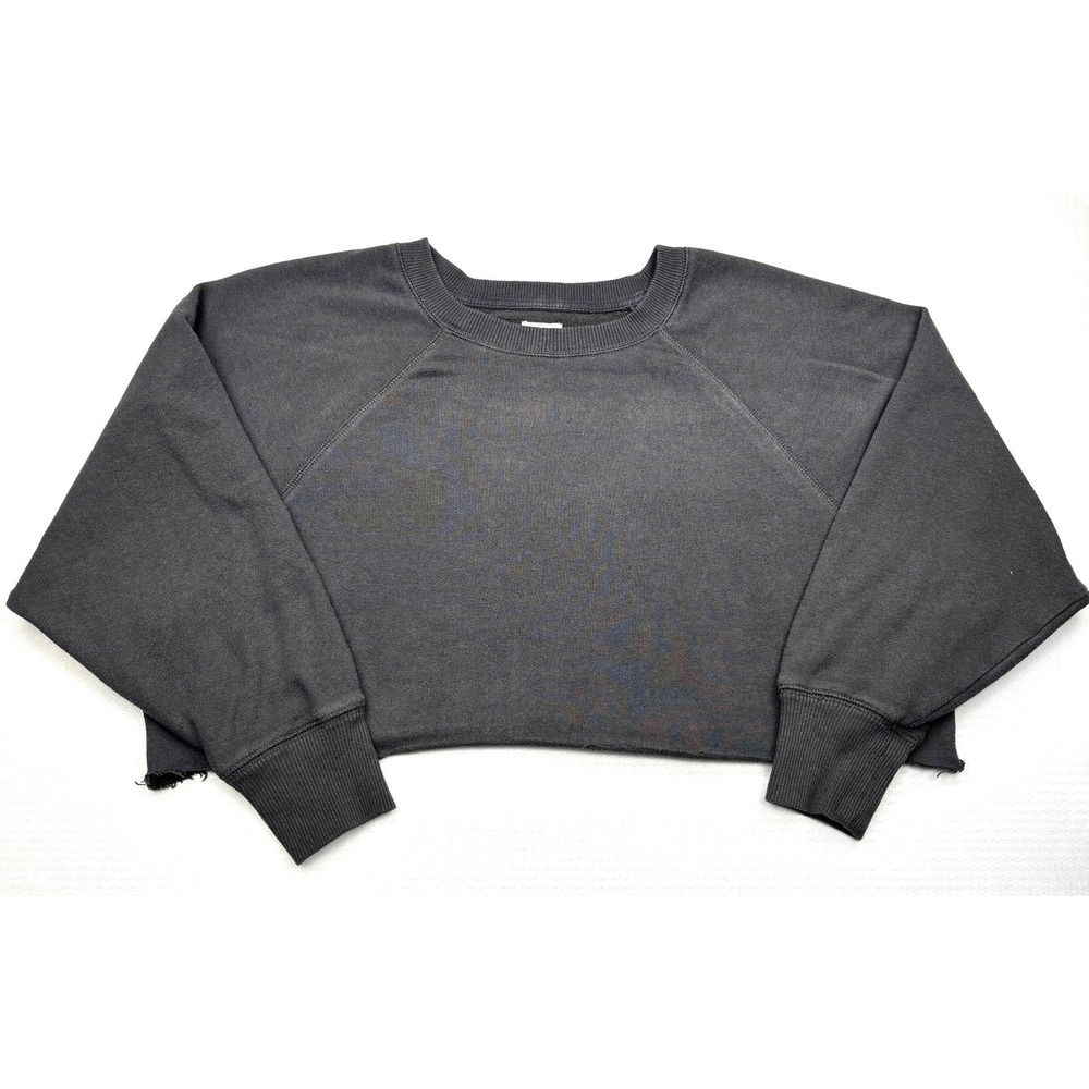Aerie Sweatshirt Womens Medium Charcoal Black Raw Hem Super Crop Crewneck Fleece